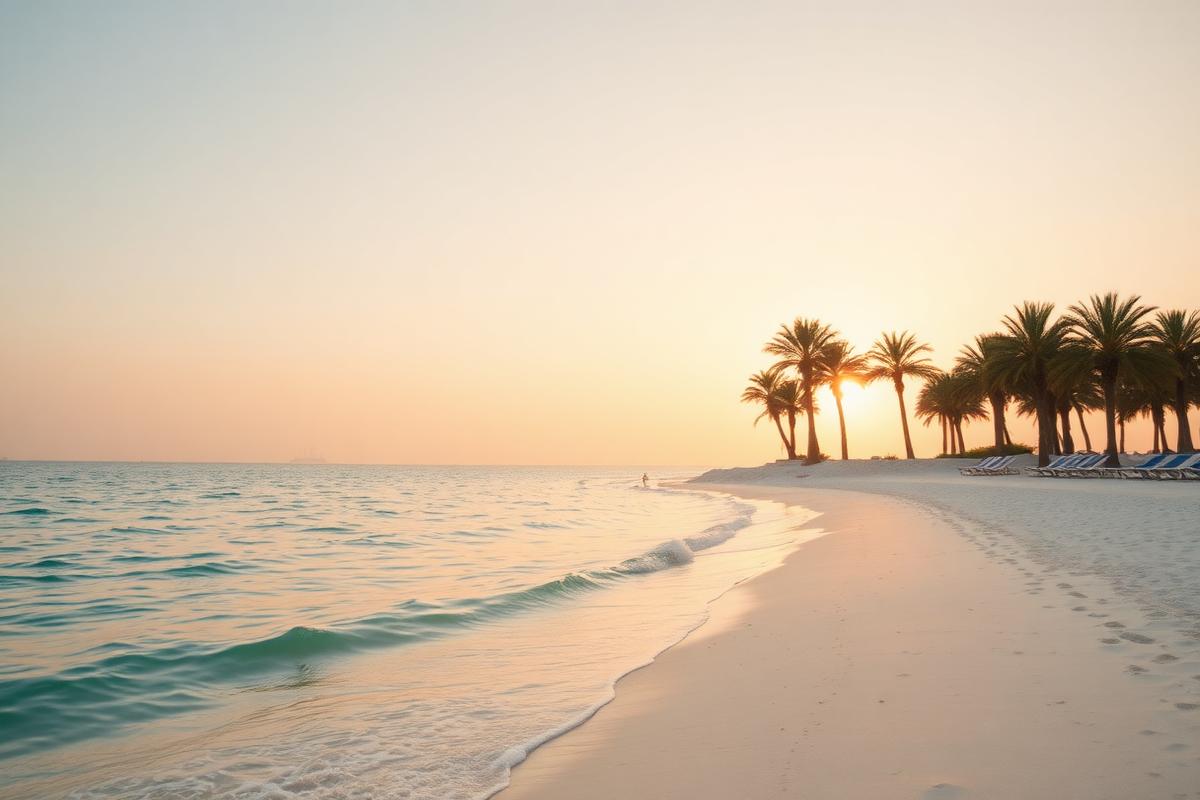 A serene beach in Doha at golden hour with palm trees and turquoise water